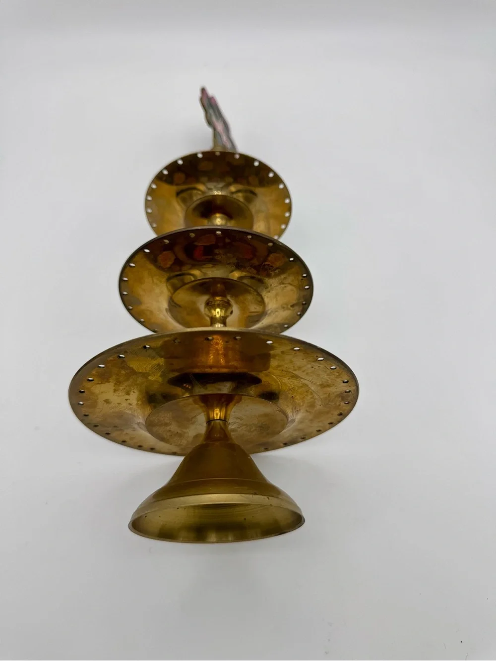 Vintage, floral-patterned brass and enamel 3-tier tray stand